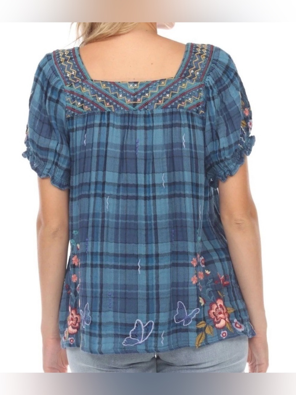 Johnny Was Aimee Blue Plaid Floral Embroidered Short Puff Sleeve Peasant Top S - Picture 2 of 12